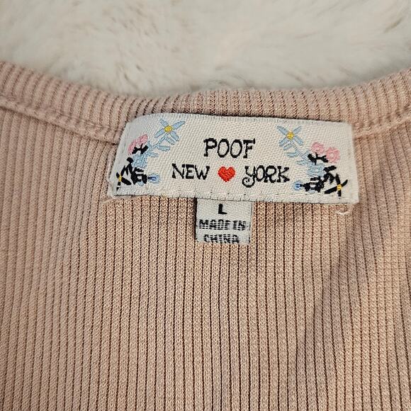 Poof New York bodysuit beige twist knot front long sleeve ribbed snaps Large - Picture 3 of 15